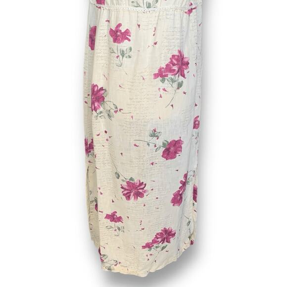 Vintage 90s Maxi Dress Cream Linen Purple Floral Script Print Sleeveless Lace - Picture 6 of 14